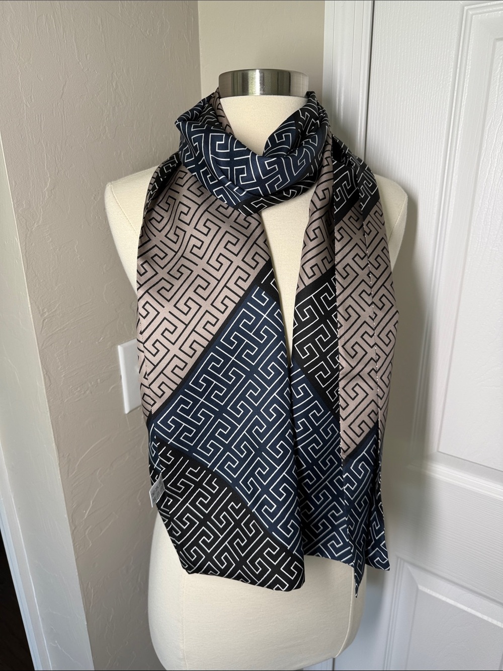 100% mulberry silk greek key geometric print scarf blue, black, tan, and white